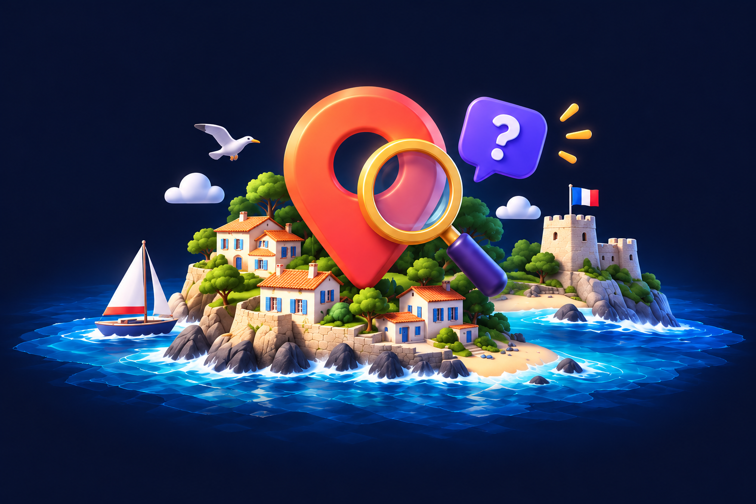Une île française à explorer avec une loupe et un repère de localisation